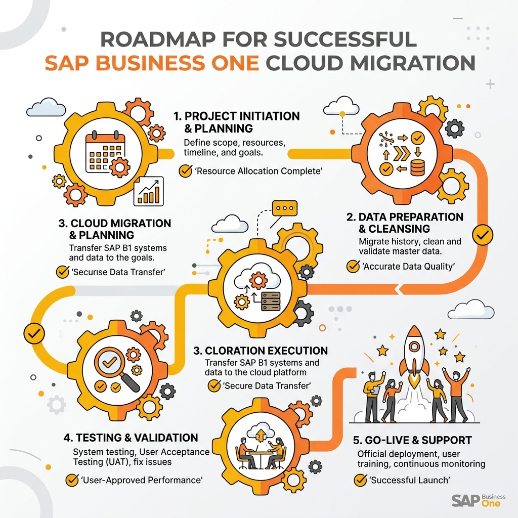Infographic guide outlining the key planning steps for a successful SAP Business One cloud migration journey.