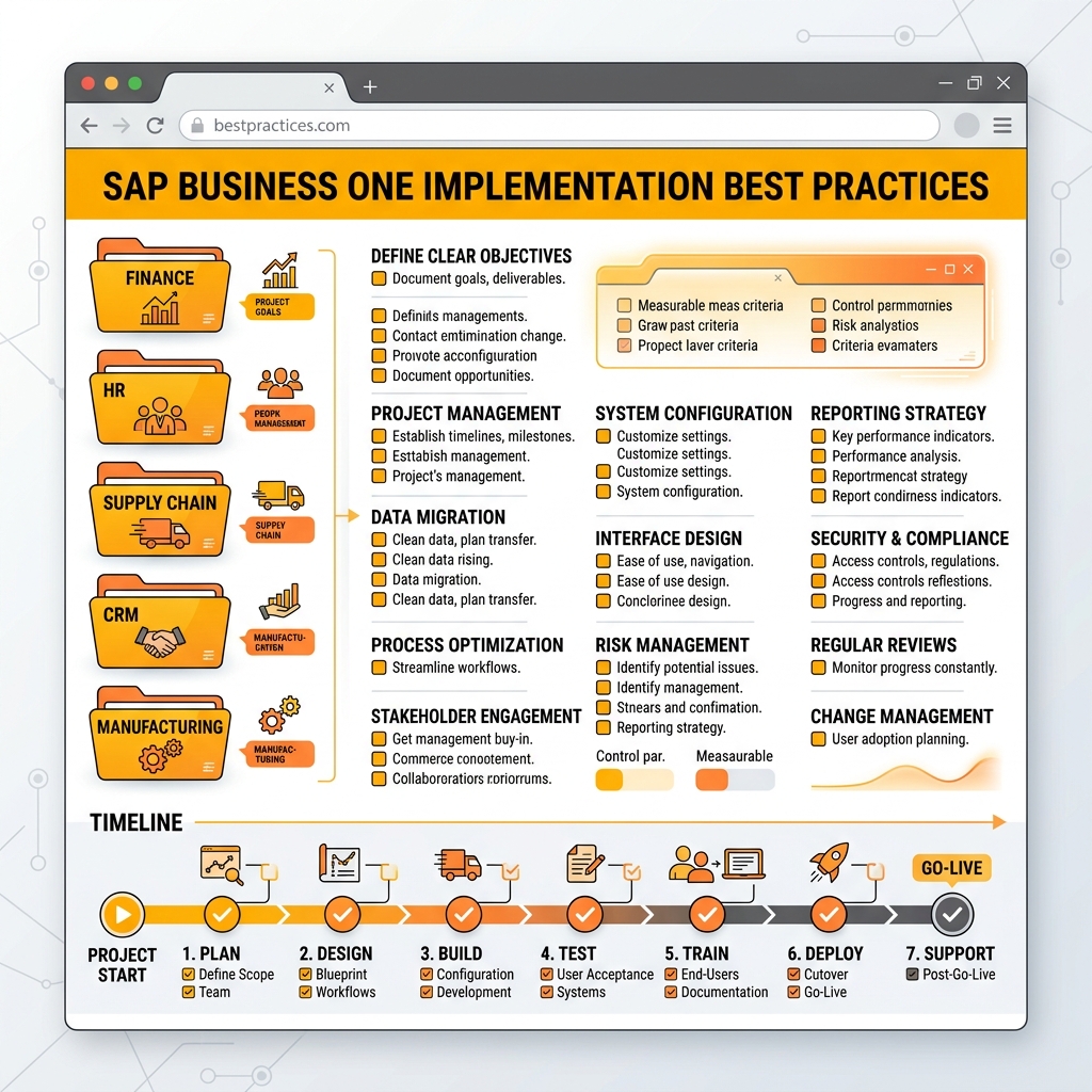 A checklist infographic illustrating the best practices and control parameters for a successful SAP Business One implementation.