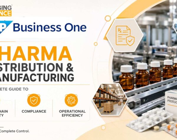 SAP Business One dashboard for pharma distribution and manufacturing showing supply chain visibility, inventory management, and compliance tracking.