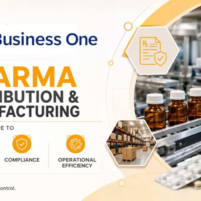 SAP Business One dashboard for pharma distribution and manufacturing showing supply chain visibility, inventory management, and compliance tracking.