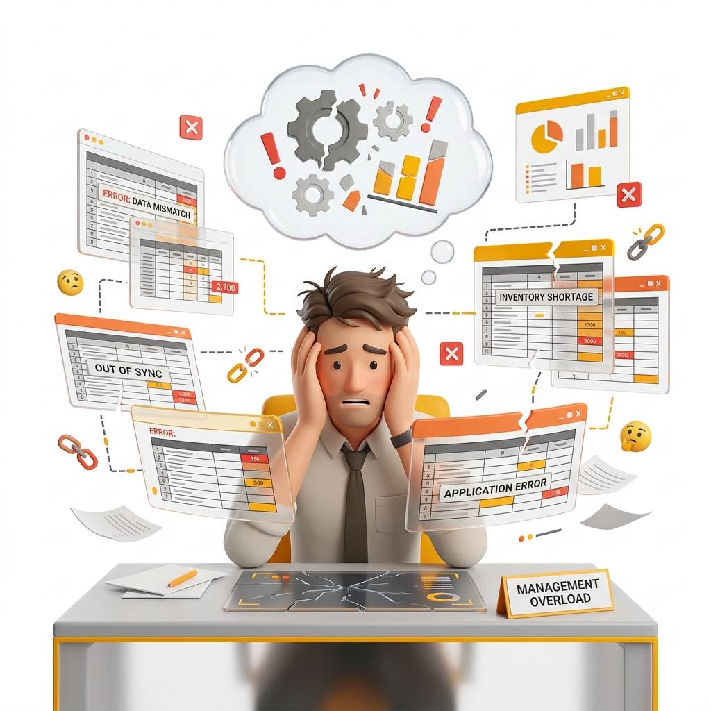 A professional conceptual illustration showing a business struggling with disconnected software systems, manual spreadsheets, and reporting delays.