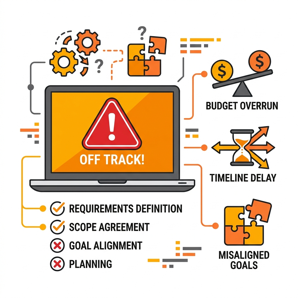 A professional illustration of an SAP Business One implementation project going off track due to poor planning and misaligned goals.