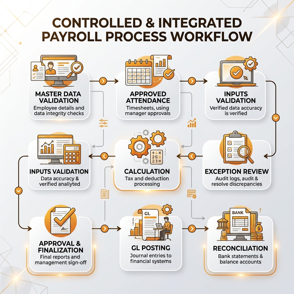 Process flow diagram showing a controlled and integrated SAP Business One payroll workflow spanning master data, validation, calculation, approval, and accounting posting.