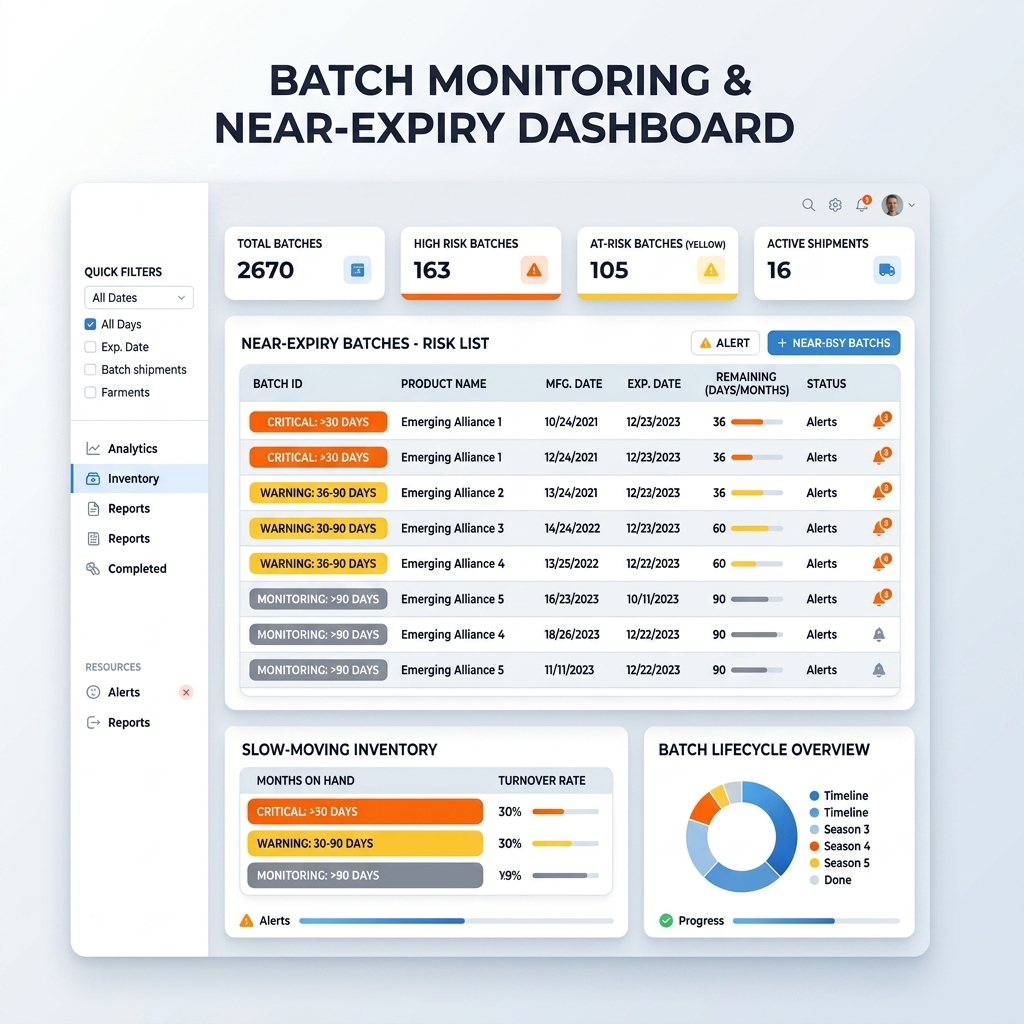 Batch Monitoring and Near-Expiry Dashboard in SAP Business One, showing batch IDs, product names, manufacturing dates, expiry dates, remaining shelf life, and status.