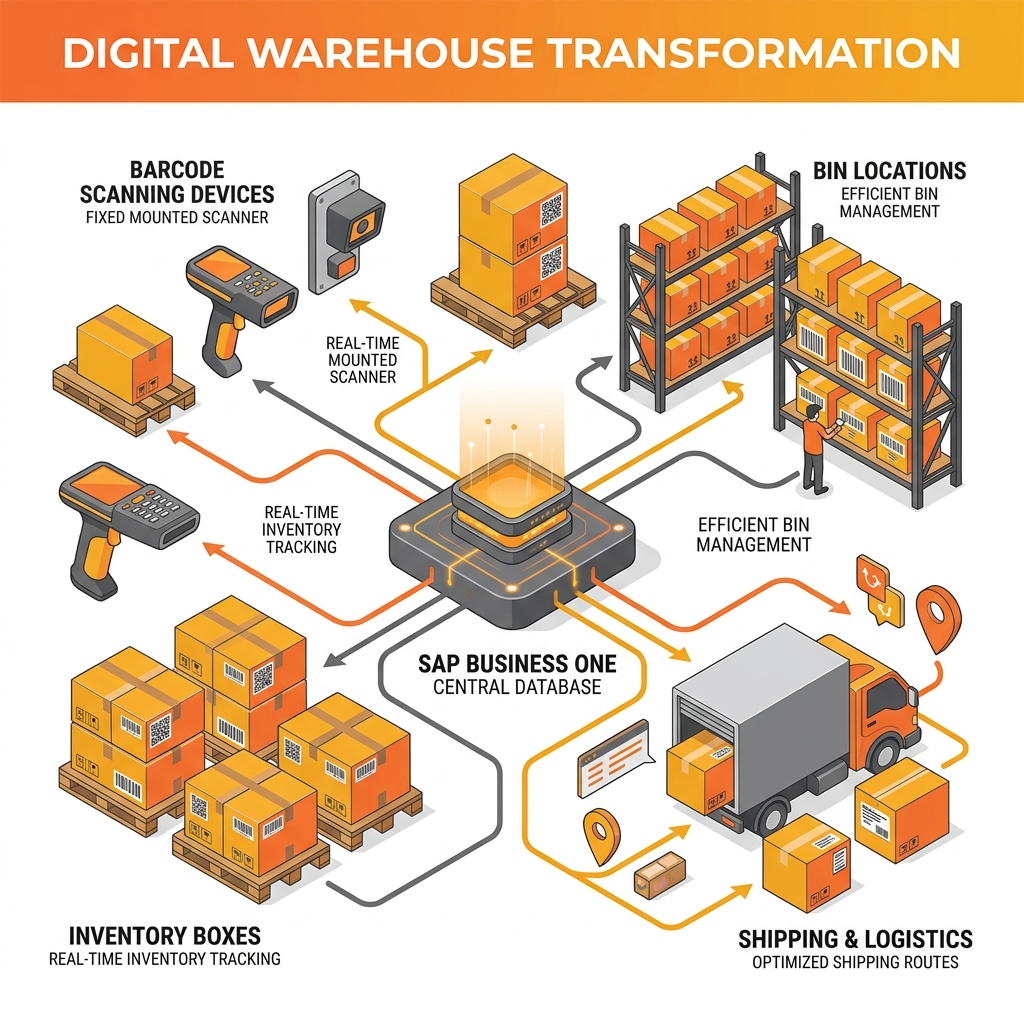 An infographic illustrating a digital warehouse transformation process using barcode scanning integrated with SAP Business One.