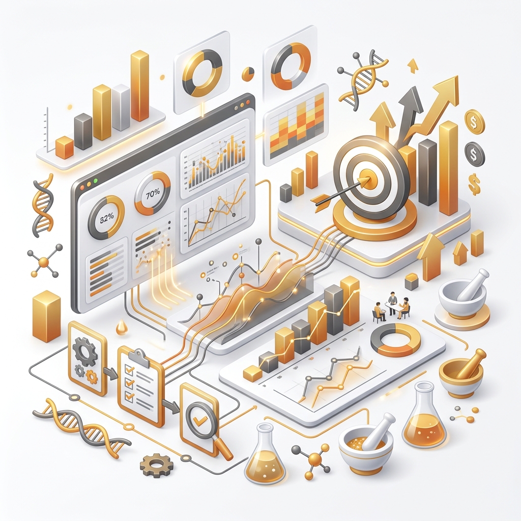 A step-by-step dashboard illustration showing KPIs and steps to measure SAP Business One for Pharma ERP ROI.