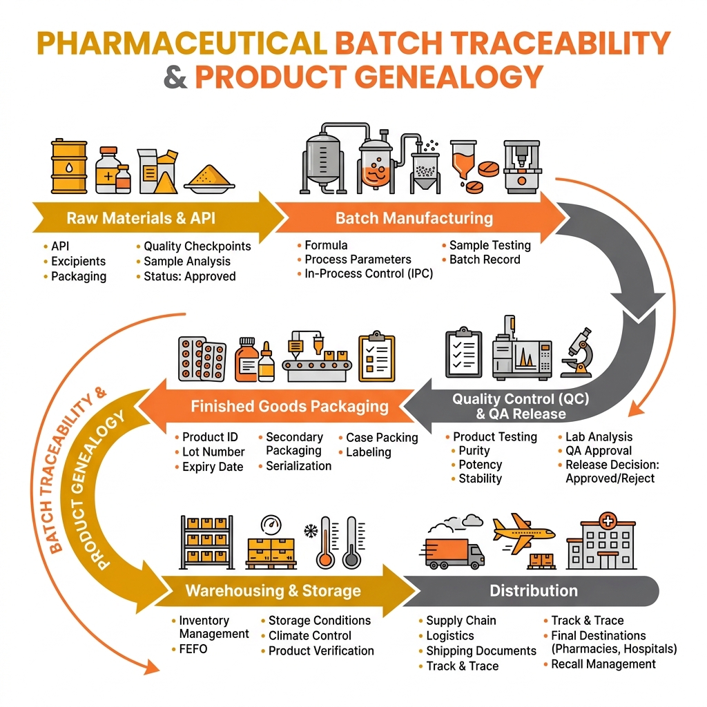 Diagram showing end-to-end pharmaceutical batch traceability from raw materials to finished products within a Pharma ERP system