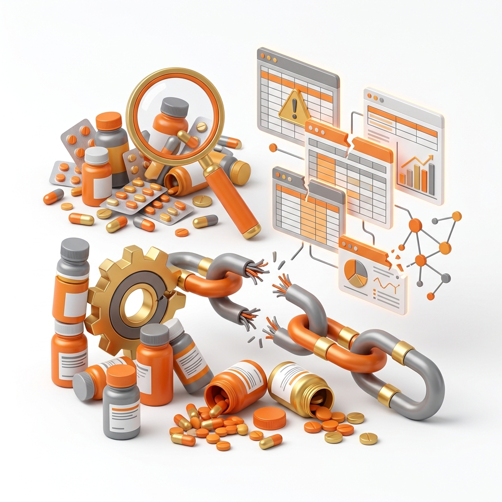An illustration of pharmaceutical operational challenges like disconnected spreadsheets and data gaps that reduce ERP ROI.