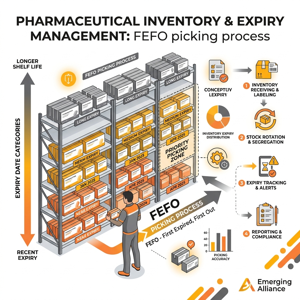 Visual representing real-time pharmaceutical inventory tracking and expiry management under FEFO rules