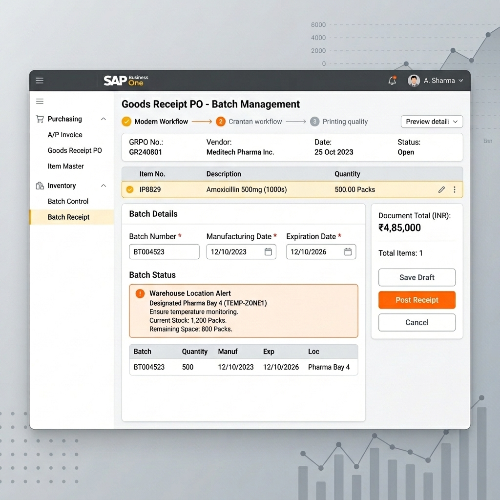 A digital dashboard representing pharmaceutical goods receipt and batch control in SAP Business One, showing batch inputs, expiration dates, and warehouse location alerts.