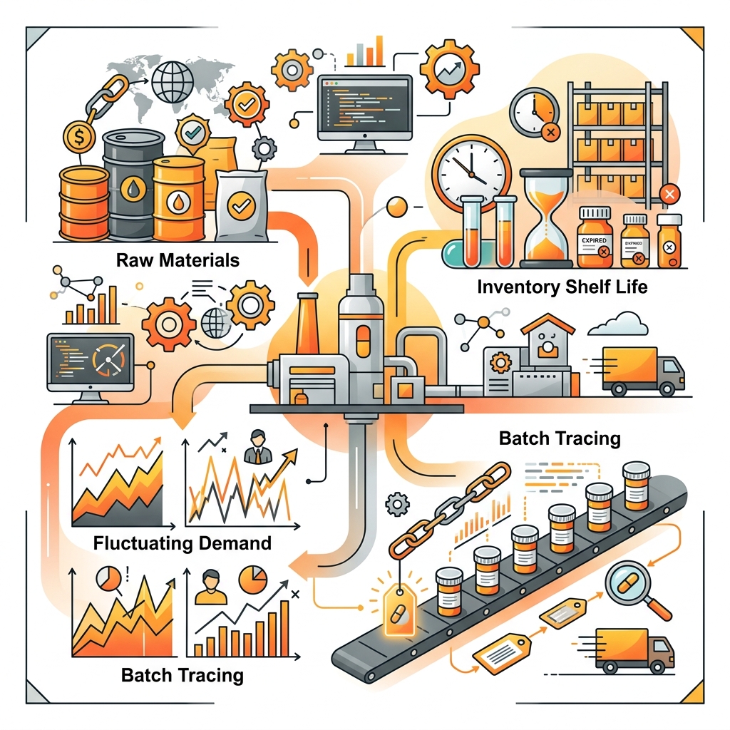 An infographic showcasing various challenges faced in pharmaceutical production planning, including raw material availability, demand fluctuations, and batch tracking.