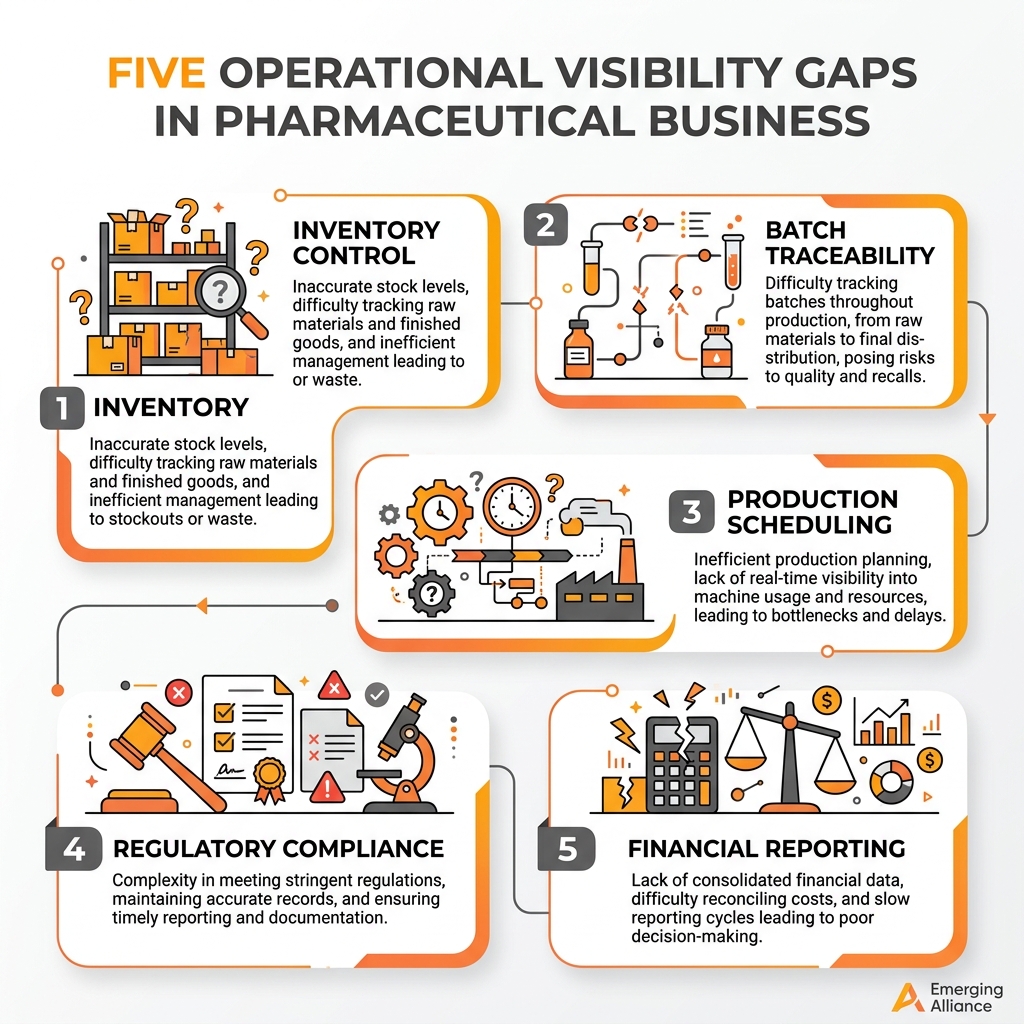 Five key visibility gaps in pharmaceutical manufacturing including inventory, batch traceability, production planning, compliance, and financial reporting.
