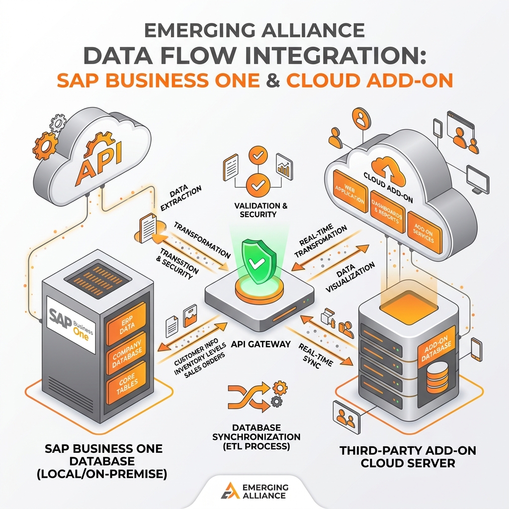 A technical diagram flowchart showing data ownership, transaction synchronization, and API integration checks for SAP Business One add-ons.