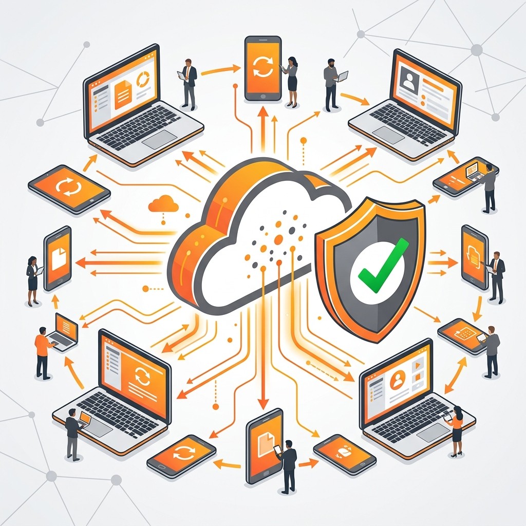An illustration representing ERP cloud database migration ensuring business continuity with cloud servers and uninterrupted remote access for users during office downtime.