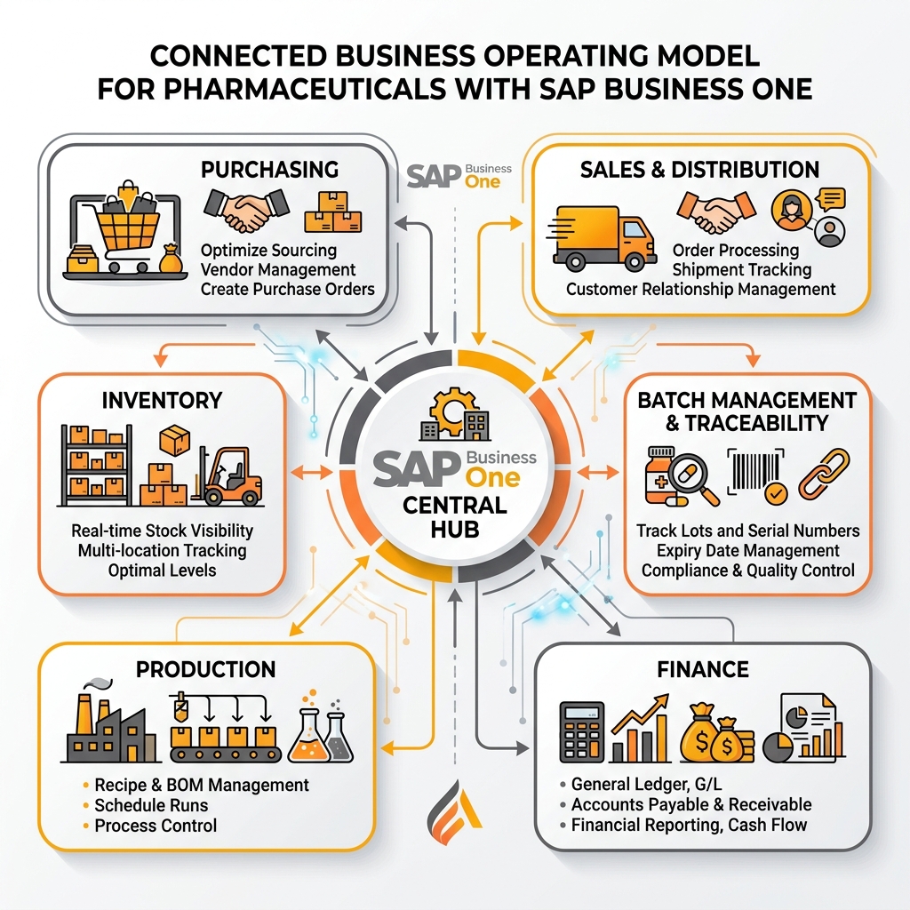 Diagram showing SAP Business One connecting purchasing, inventory, production, sales, batch management, and finance for pharmaceutical companies.