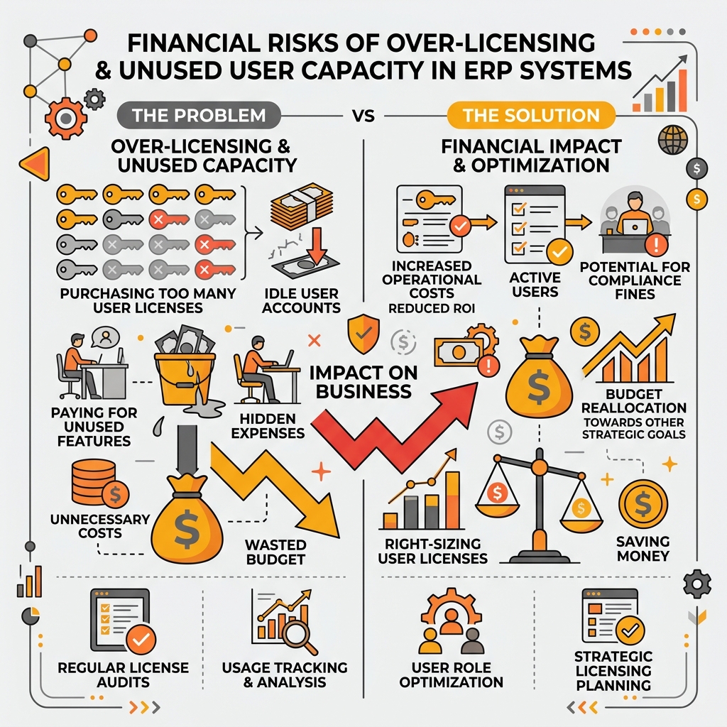 An infographic illustrating the financial risks of over-licensing and unused user capacity in SAP Business One ERP.
