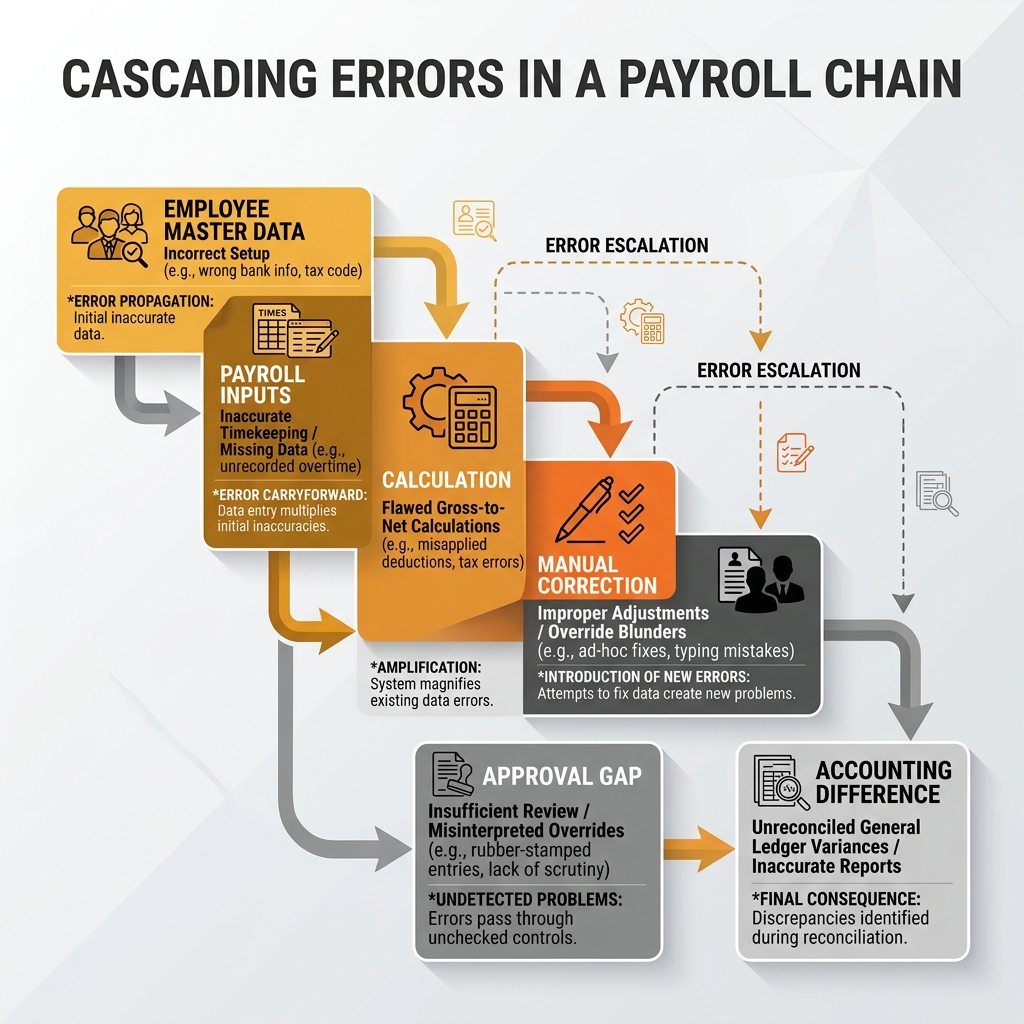 Conceptual illustration of the cascading impact of small errors in the SAP Business One payroll processing chain, from data entry to finance integration.