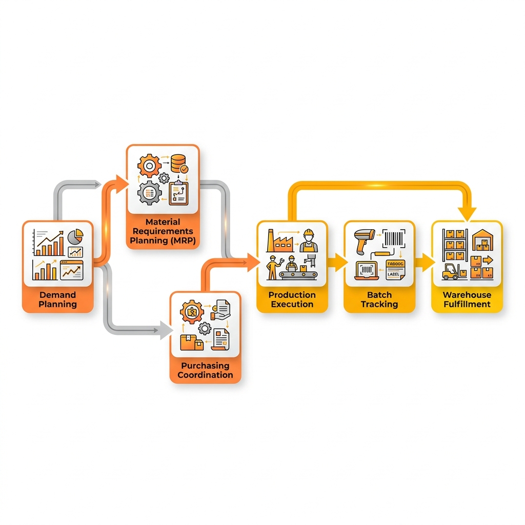 An infographic diagram showing the pharmaceutical production planning workflow in SAP Business One, highlighting the steps from demand and MRP to batch tracking and fulfillment.