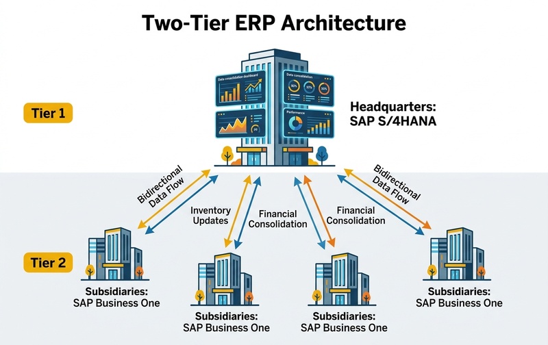Two-Tier ERP Architecture: SAP S/4HANA (Headquarters) and SAP Business One (Subsidiaries)