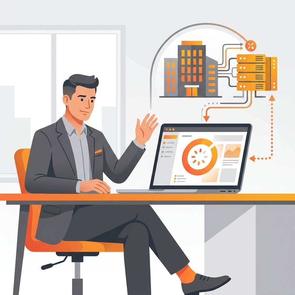 An illustration of an office worker facing connectivity issues and a loading screen while trying to access an office-hosted ERP server from a remote location.