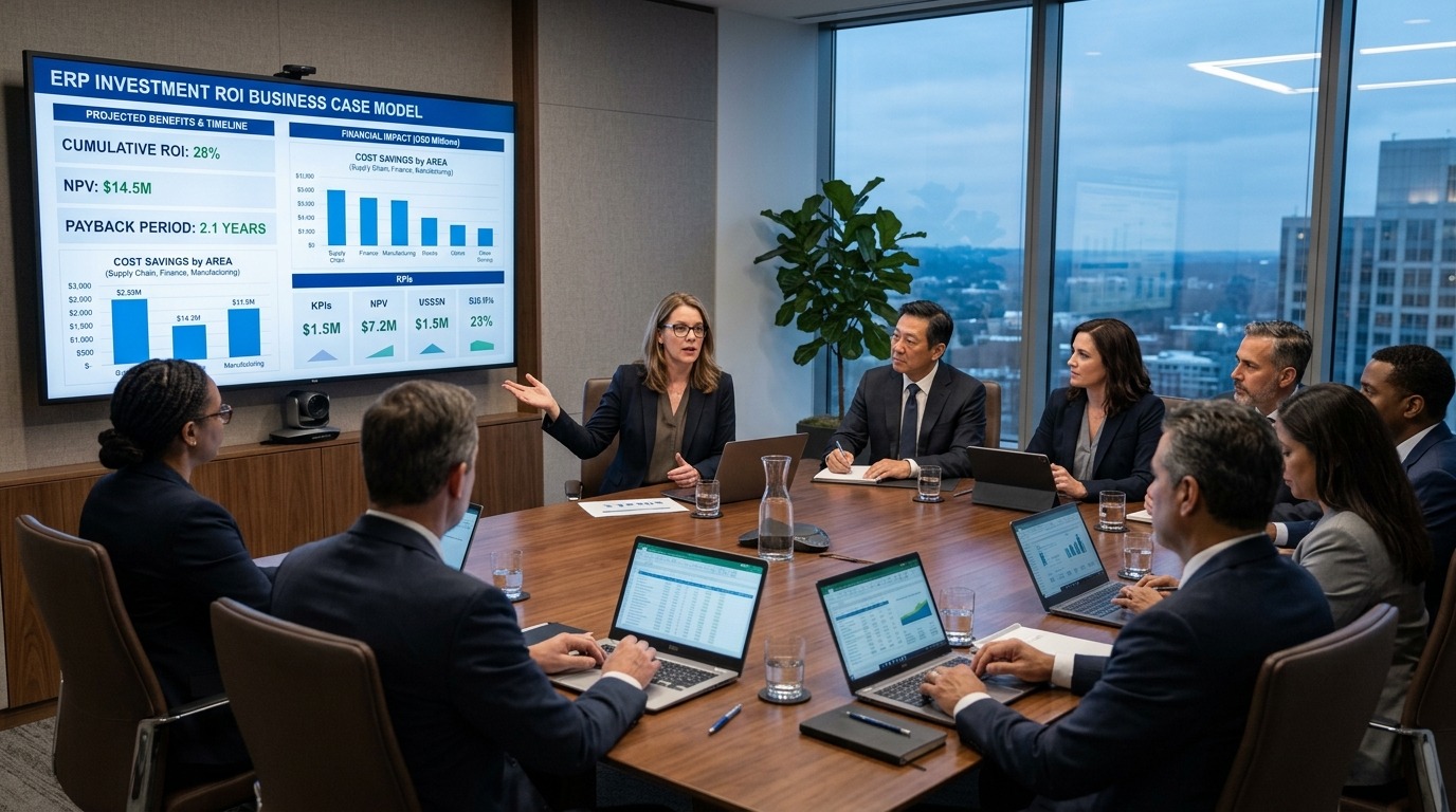 Pharmaceutical enterprise leadership and finance team evaluating ERP investment ROI business case model, projected financial benefits, and operational savings.