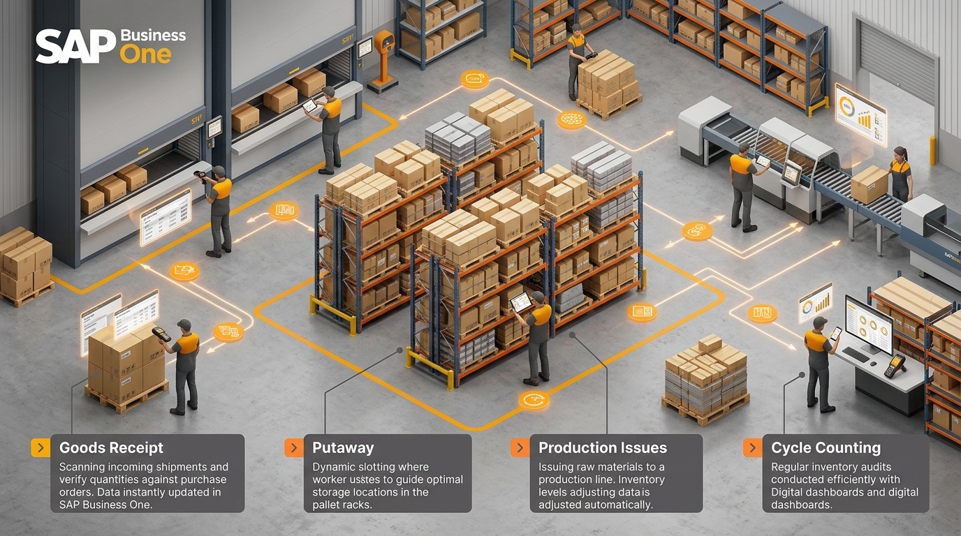Infographic showing SAP Business One warehouse inventory touchpoints including goods receipt, putaway, production issue, picking, and cycle counting impacted by damaged barcode labels.