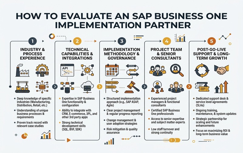 Enterprise evaluation roadmap outlining five critical criteria for selecting an SAP Business One implementation partner: industry experience, technical capability, methodology, team resources, and post-go-live support.