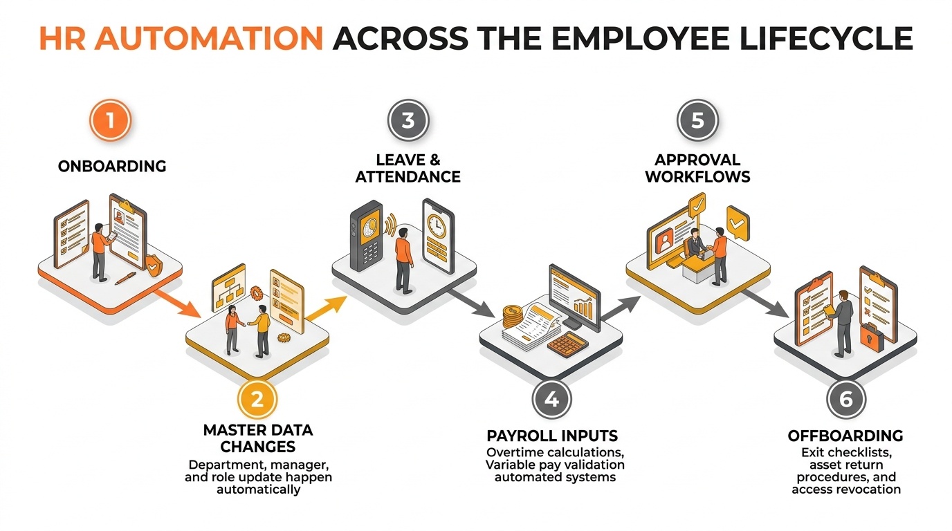 Infographic illustrating automated HR lifecycle stages including employee onboarding, master data updates, leave tracking, payroll inputs, approvals, and offboarding with SAP Business One.