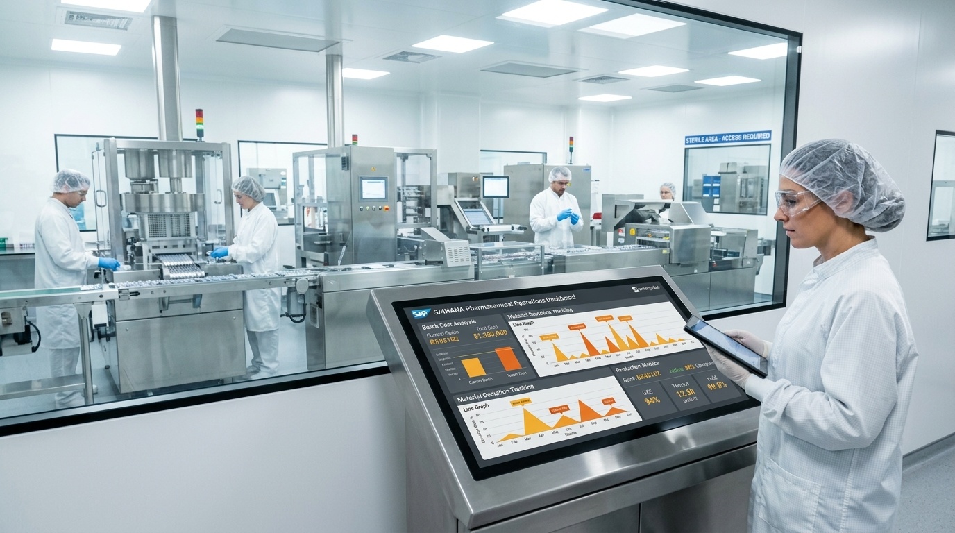 Pharmaceutical cleanroom operators and managers tracking manufacturing deviations, material variances, and batch cost escalation on an enterprise ERP dashboard.