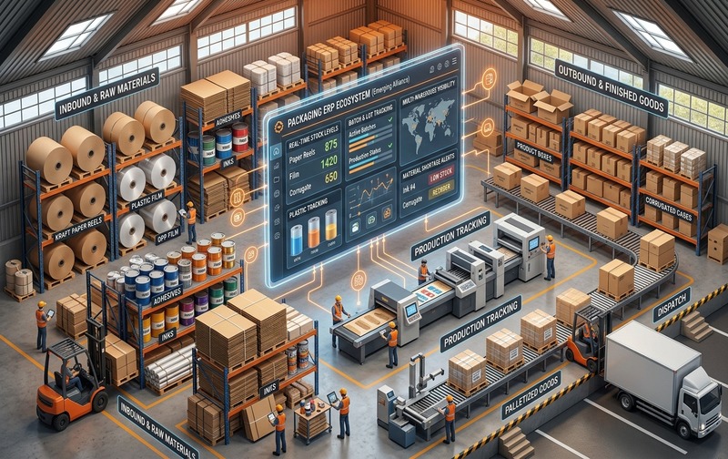 Packaging industry inventory management workflow in SAP Business One ERP showing real-time tracking of raw materials including paper, film, inks, work-in-progress, and finished goods pallets.