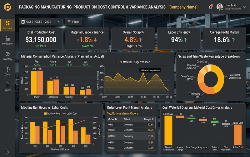 ERP production costing and material consumption variance dashboard for packaging manufacturing, tracking planned versus actual material usage, scrap waste, and order profitability.