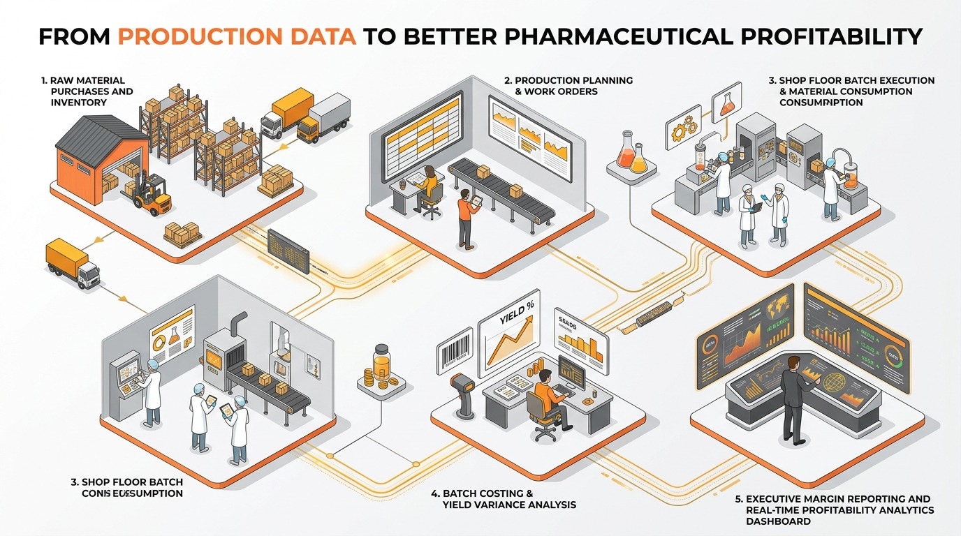 Diagram showing connected pharmaceutical ERP workflow from shop floor transactions and batch costing to real-time margin visibility and executive decision-making.