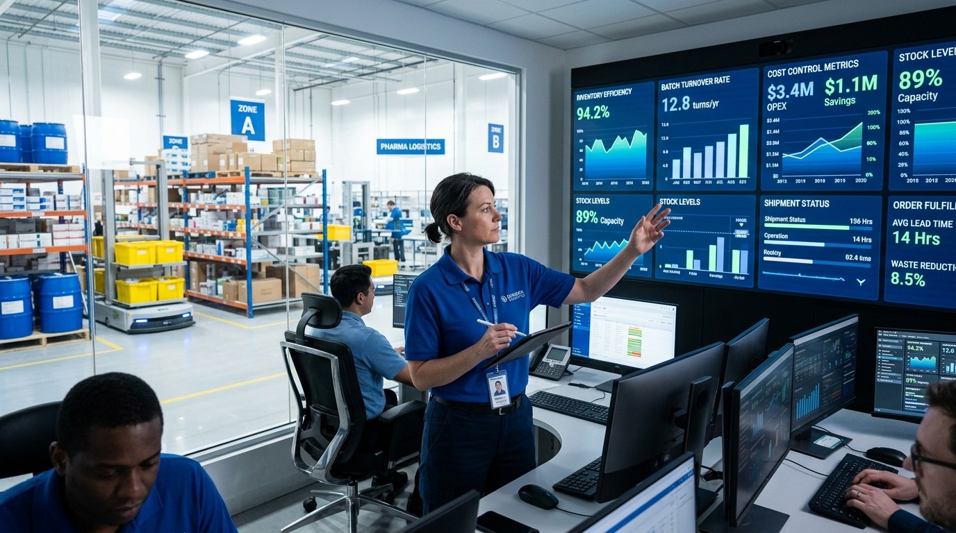 Pharmaceutical operations manager reviewing real-time warehouse inventory efficiency, batch turnover rates, and cost control metrics on an enterprise ERP dashboard.