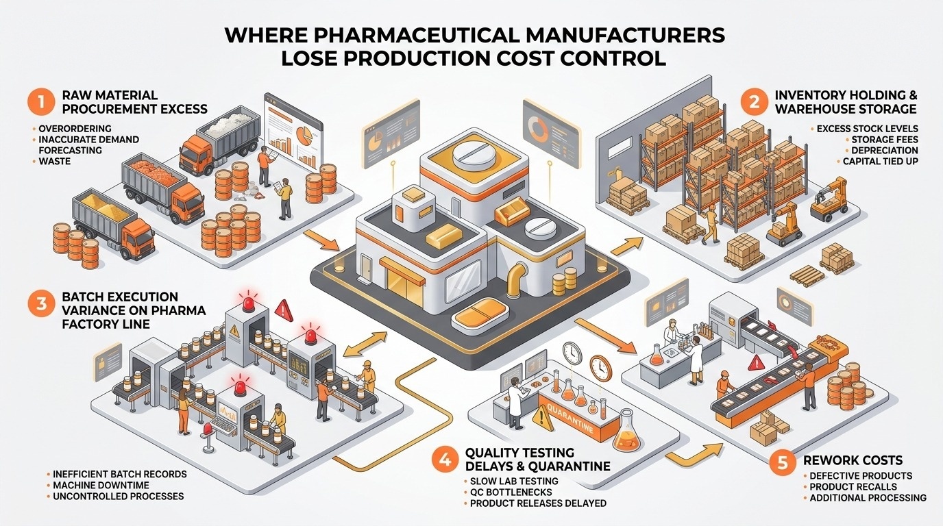 Infographic illustrating key cost leakage points in pharmaceutical manufacturing across procurement, inventory handling, batch execution, rework, and delayed financial reporting.