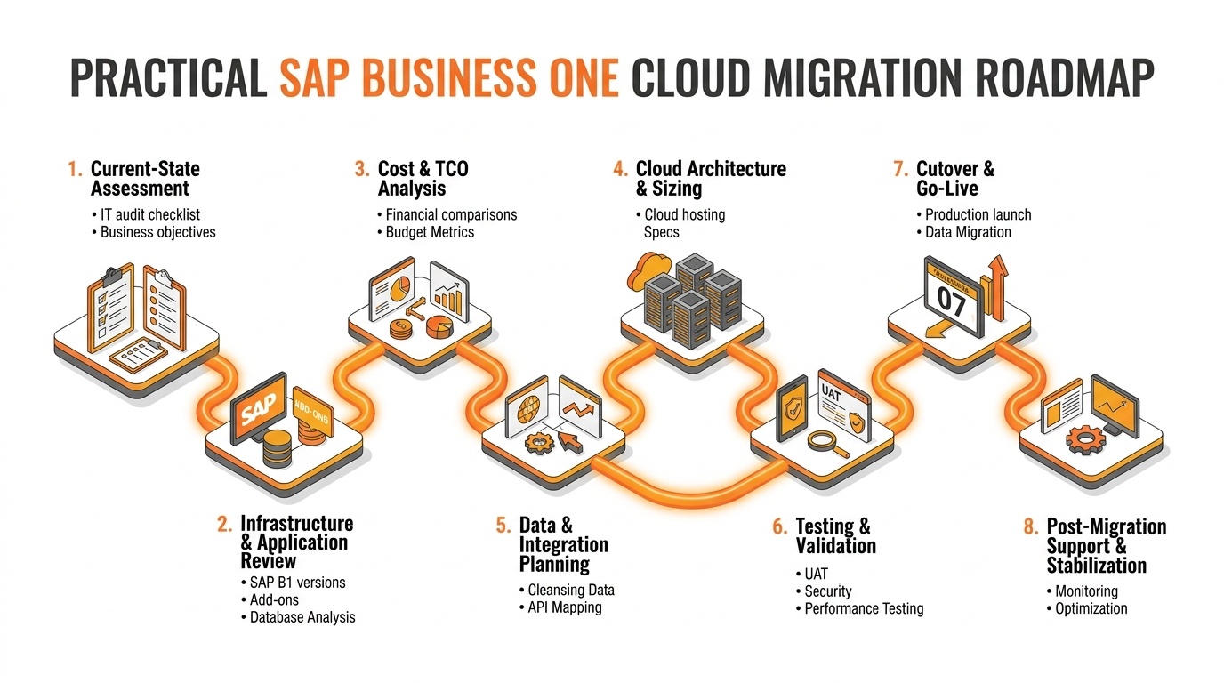 Structured 9-step roadmap diagram illustrating the SAP Business One cloud migration process from discovery and TCO analysis to cutover and stabilization.