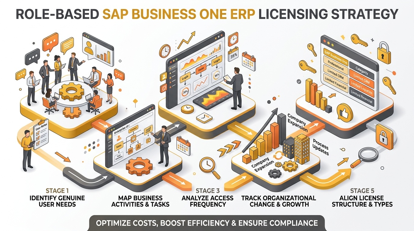 Strategic infographic outlining a 5-step role-based SAP Business One licensing strategy: user qualification, activity mapping, frequency analysis, change tracking, and license matching.