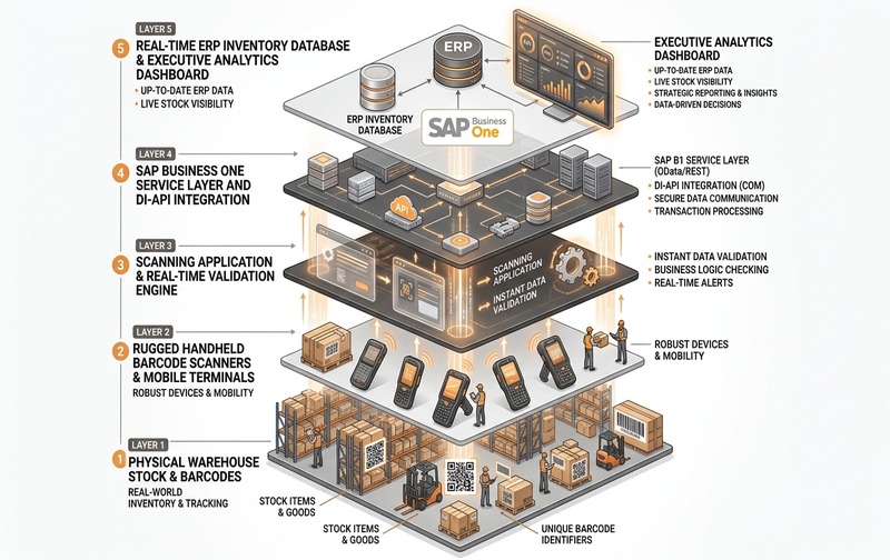 System architecture diagram of SAP Business One barcode scanner integration showing connected data layers between physical stock movements, mobile handheld terminals, validation rules, SAP B1 Service Layer / DI API, and ERP reporting.