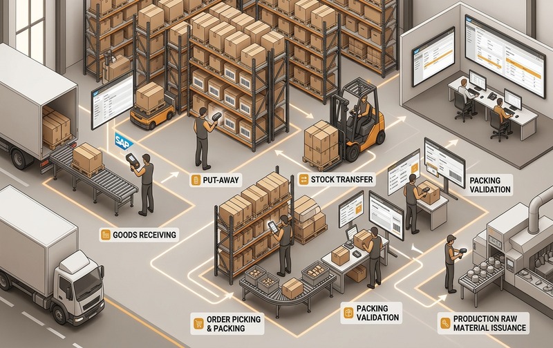Infographic illustrating barcode scanning and transaction validation across the inventory lifecycle in SAP Business One, from goods receipt and bin put-away to stock transfers, picking, and cycle counting.