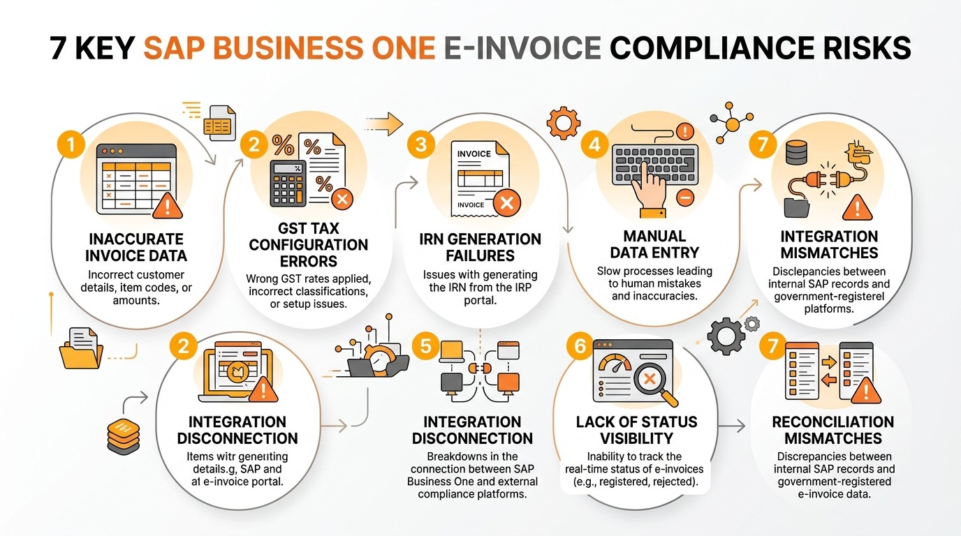 Infographic illustrating key SAP Business One e-invoice compliance risks including data errors, GST tax configuration, IRN generation failures, manual entry, integration breakdowns, and visibility gaps.