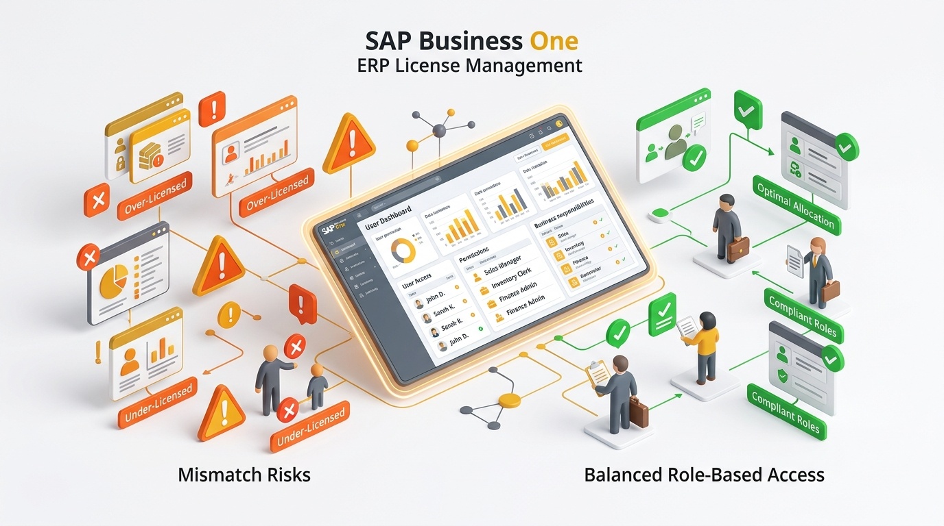 Diagram comparing SAP Business One license allocation based on actual operational responsibilities versus arbitrary job titles to prevent over-licensing and under-licensing.