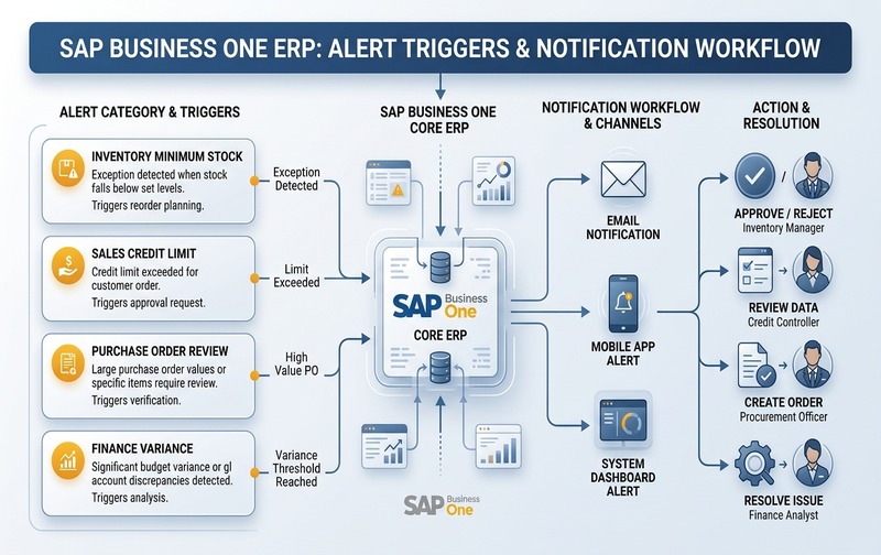 SAP Business One ERP alert triggers and notification workflow diagram detailing core triggers for inventory minimum stock, sales credit limits, purchase orders, and finance variances.