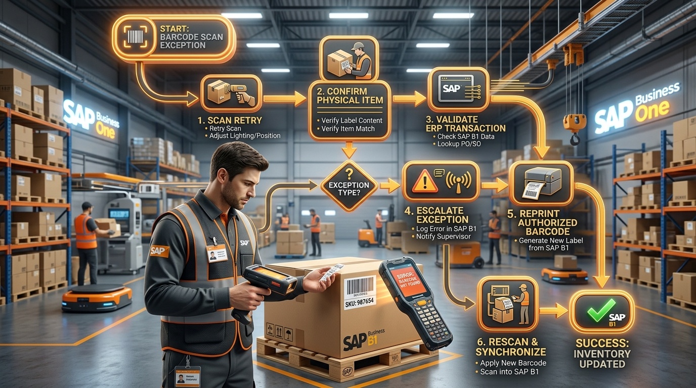 Workflow diagram illustrating the standard exception management procedure for resolving unreadable or damaged barcode labels in SAP Business One warehouse operations.