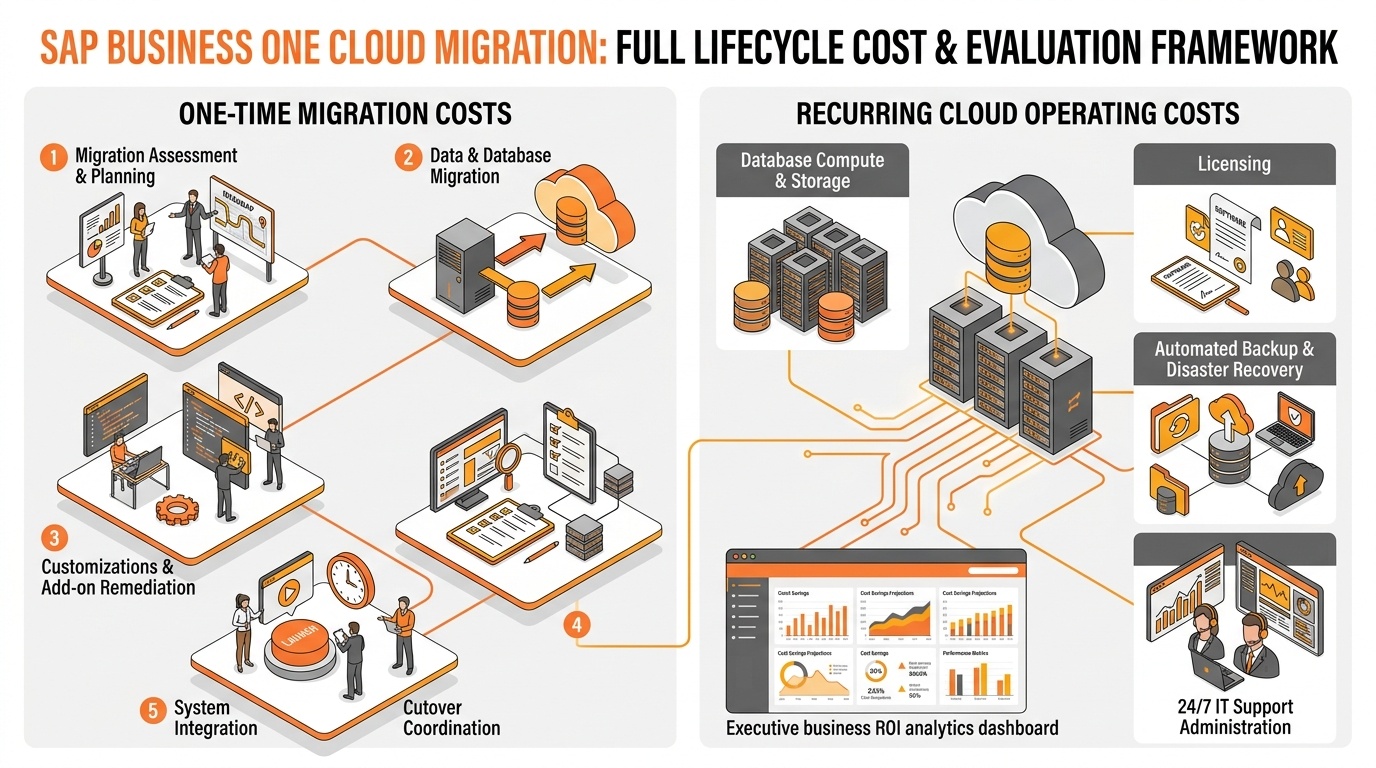 Infographic diagram breaking down SAP Business One cloud migration costs across one-time migration expenses, recurring cloud hosting, licensing, and disaster recovery.
