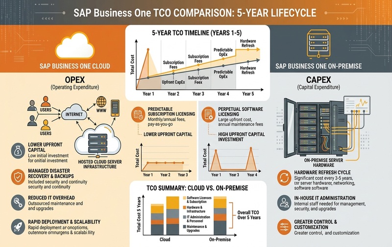 SAP Business One Cloud vs On-Premise 5-Year Total Cost of Ownership (TCO) Comparison and Financial Architecture Model