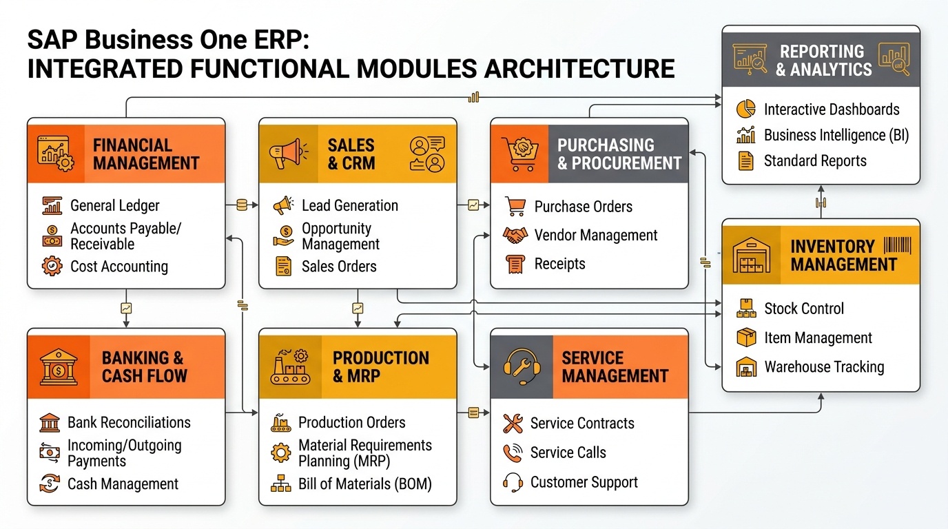 Architecture infographic illustrating core SAP Business One ERP modules including Financial Management, Sales, Purchasing, Inventory, Banking, Production, Service, and Reporting.