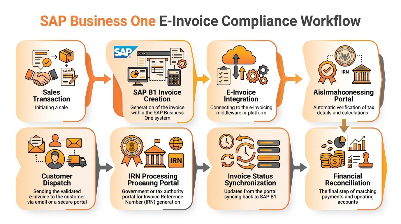 Workflow diagram showing end-to-end controlled SAP Business One e-invoice compliance process from sales order and data validation to IRN generation, status update, and automated reconciliation.