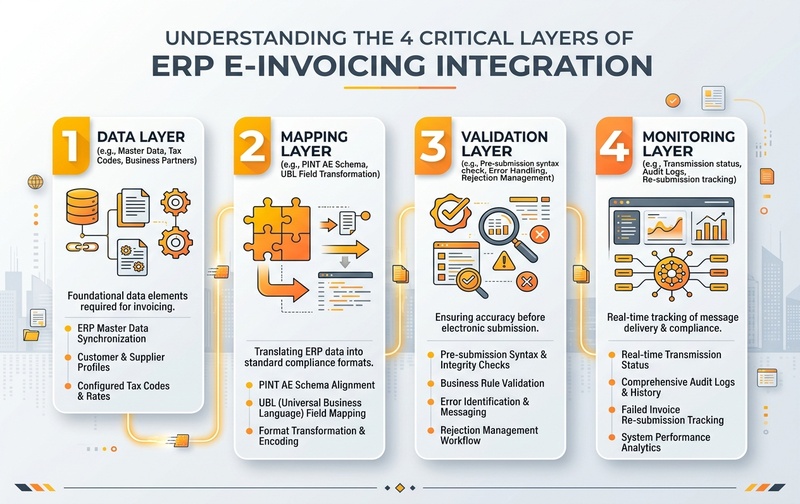 Comprehensive enterprise diagram illustrating the 4 critical layers of ERP e-invoicing integration: Data Layer, PINT AE Mapping Layer, Pre-submission Validation Layer, and Transaction Monitoring Layer.