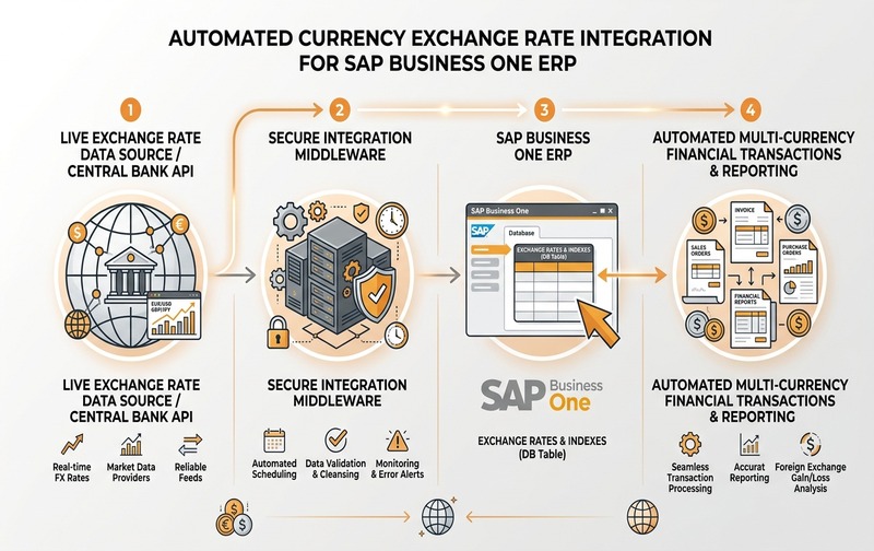 SAP Business One Exchange Rate Automation Architecture Diagram showing Central Bank API, Integration Middleware, Rate Tables, and Automated Financial Transactions