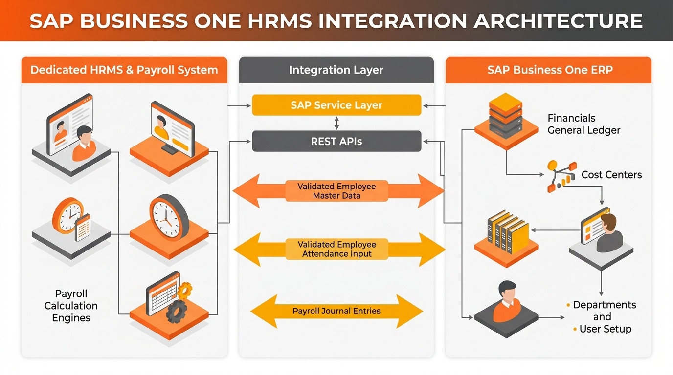 Architectural diagram showing SAP Business One HRMS integration connecting employee master data, attendance workflows, and localized payroll outputs to ERP financial general ledger.