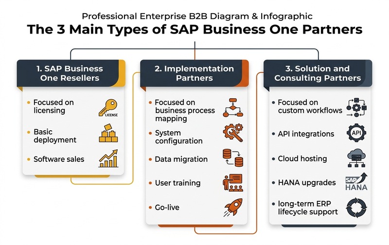 Enterprise diagram illustrating the 3 main types of SAP Business One partners: resellers, implementation partners, and solution consulting partners across licensing, configuration, integration, and ERP support.